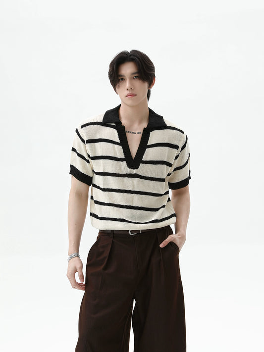 【25s Aug.】Striped Colorblock V-Neck Knit Tee