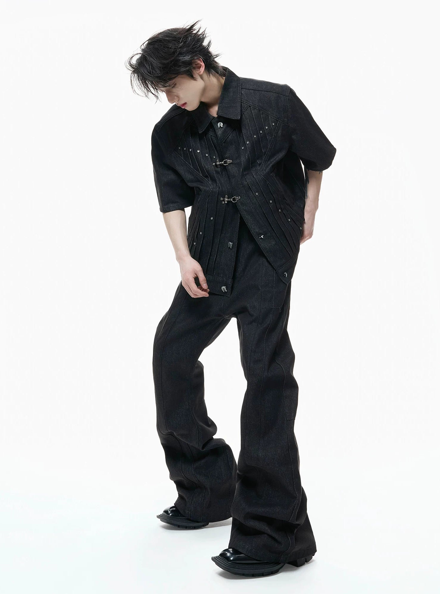 【26s Apr.】Horseshoe-Buckle Ruched Short-Sleeve Denim Jacket / Jeans