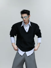 【25s Oct.】Shirt-paneled Button-down V-neck Sweater