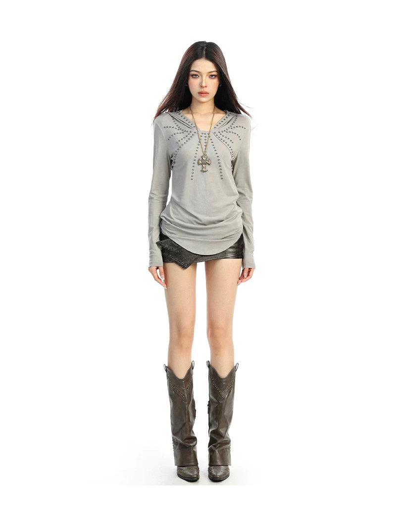 【26s Feb.】Studded Hooded Long-Sleeve Waist-Fit Top