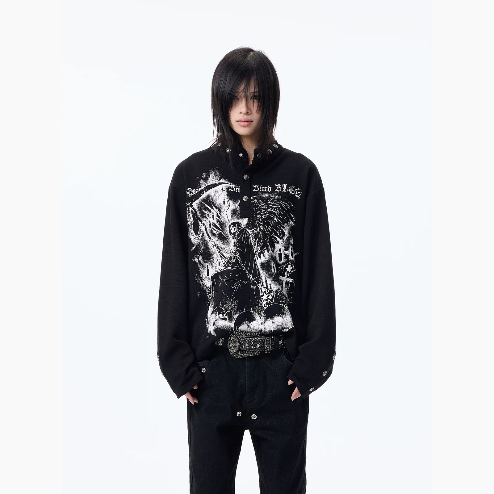 Dark Graphic Button Long Sleeve Tee
