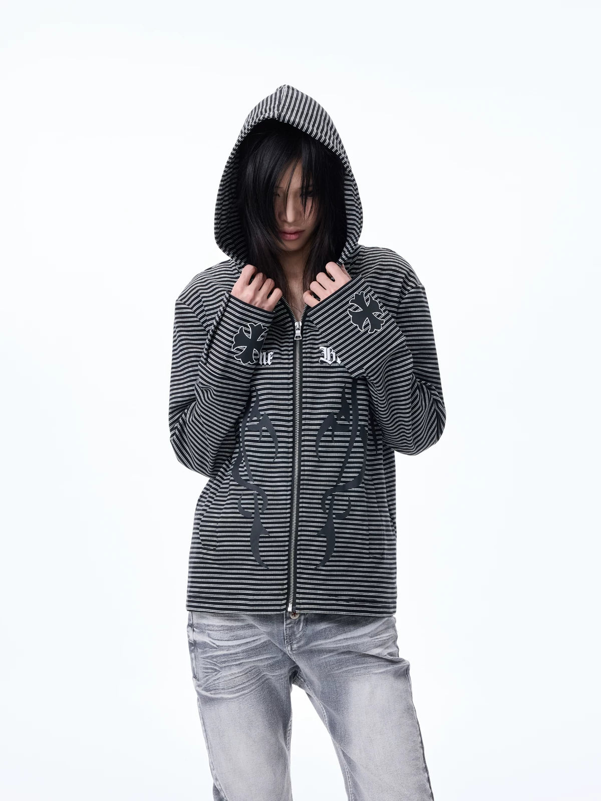 Striped Graphic Cropped Zip Hoodie
