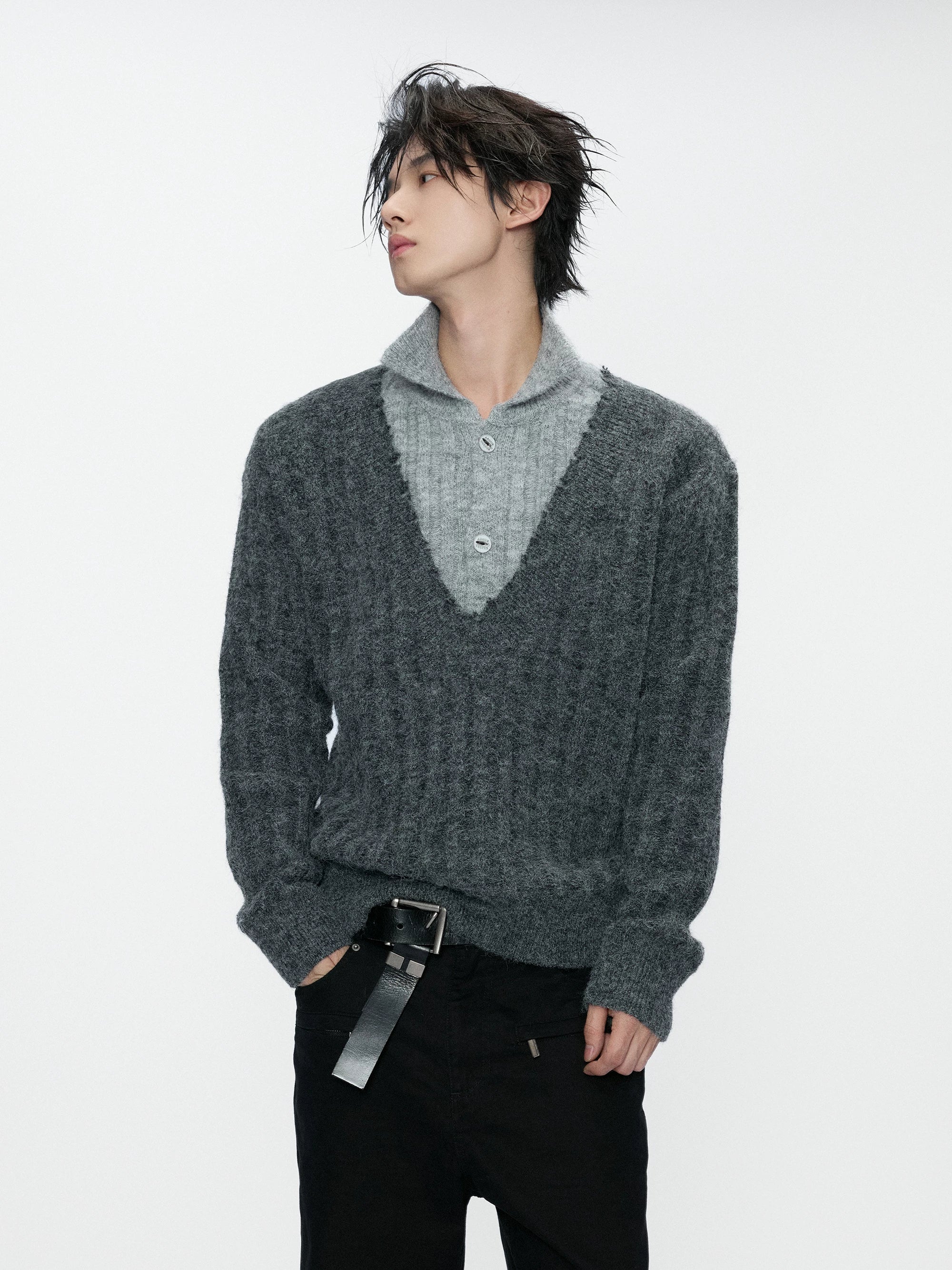 Double Collar Contrast Ribbed Wool Sweater