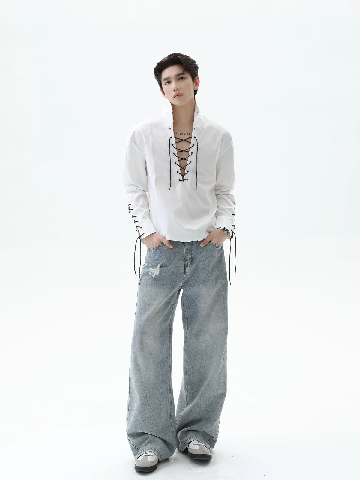 【25s Sep.】Deep V-neck Solid Color Tie-string Shirt