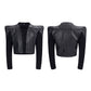【25s Sep.】Cropped Knit-Paneled Oversized Shoulder PU Leather Jacket