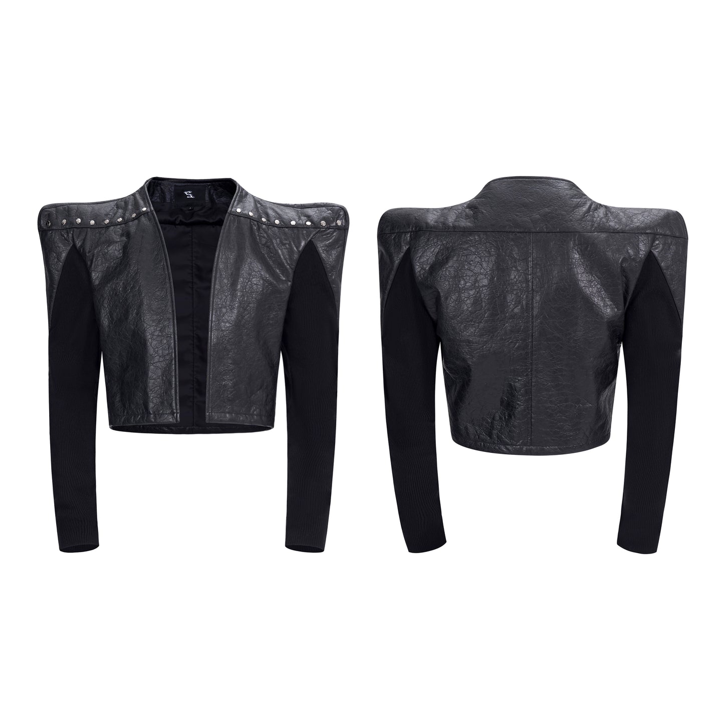 【25s Sep.】Cropped Knit-Paneled Oversized Shoulder PU Leather Jacket