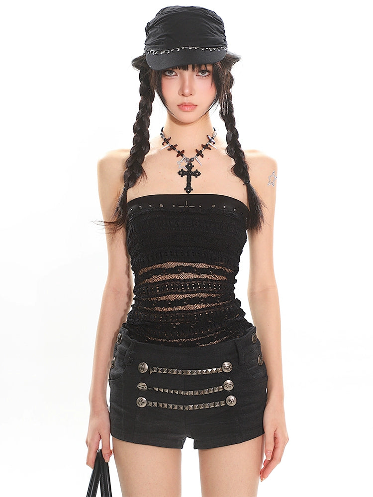 【25s May.】Lace Hollow Studded Tube Top Set
