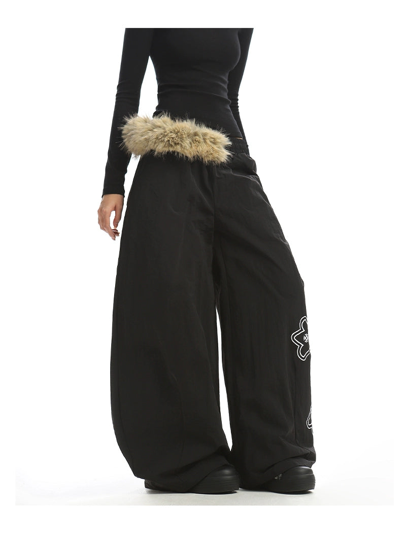【25s Dec.】Fur Collar Printed Fleece-lined Curved Trousers