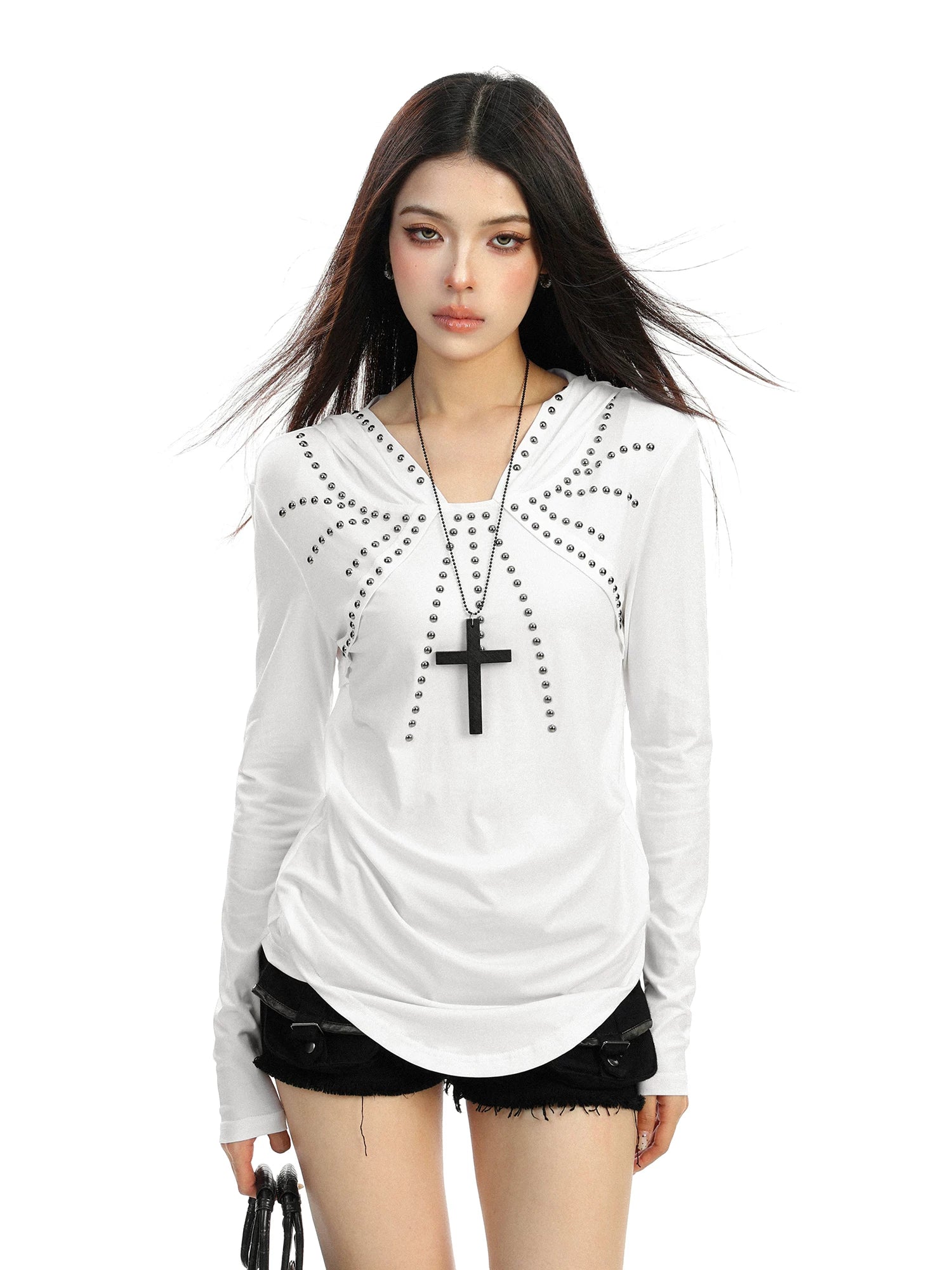 【26s Feb.】Studded Hooded Long-Sleeve Waist-Fit Top