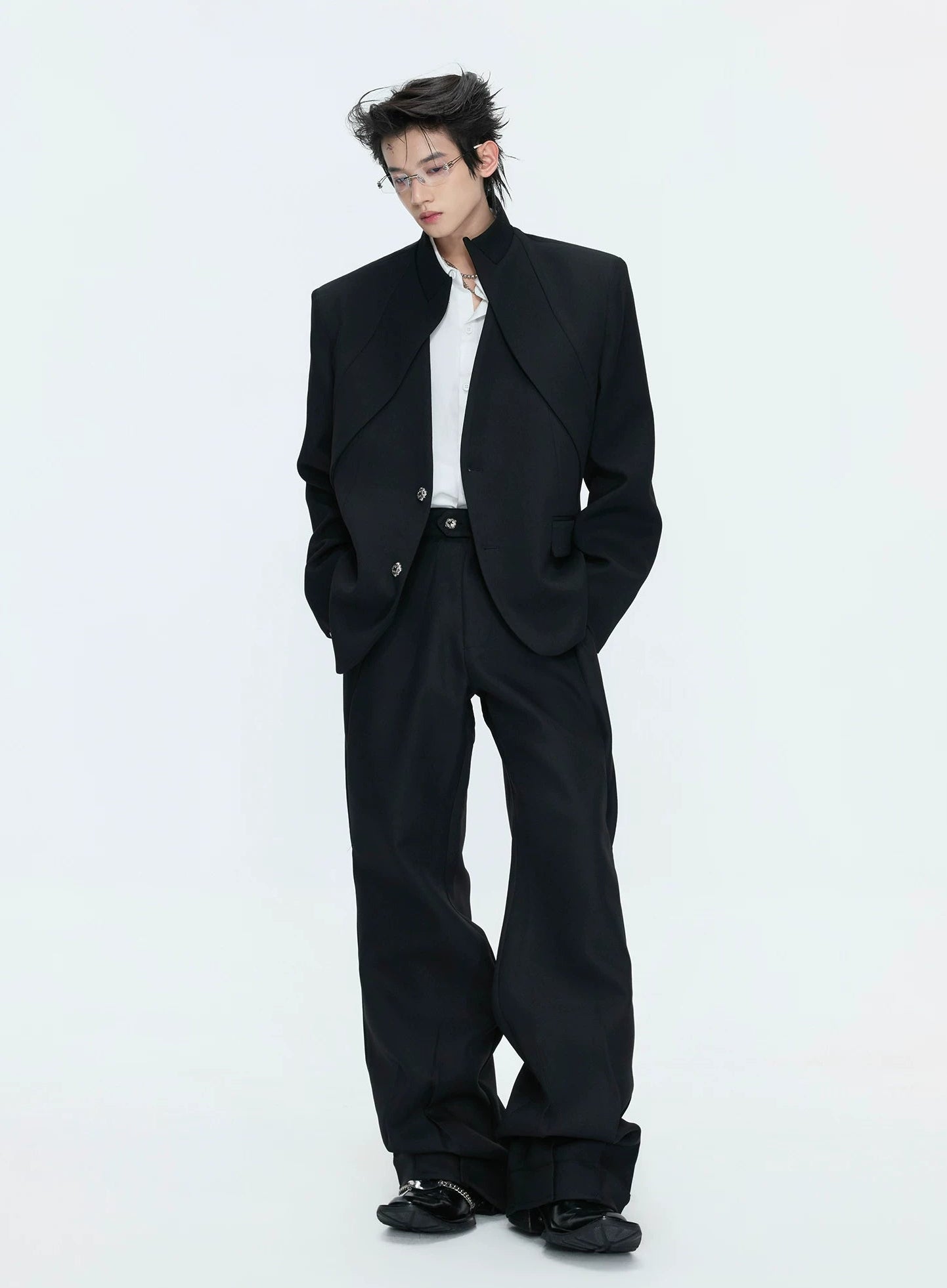 【26s Apr.】Layered Stand Collar V-Neck Structured Jacket / Pants