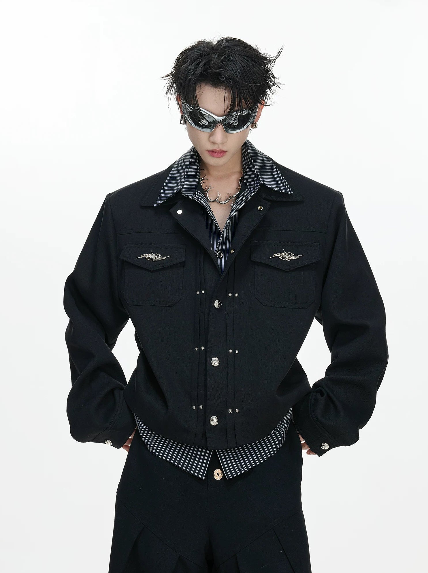 26s Feb.】Striped Faux-Layer Short Jacket