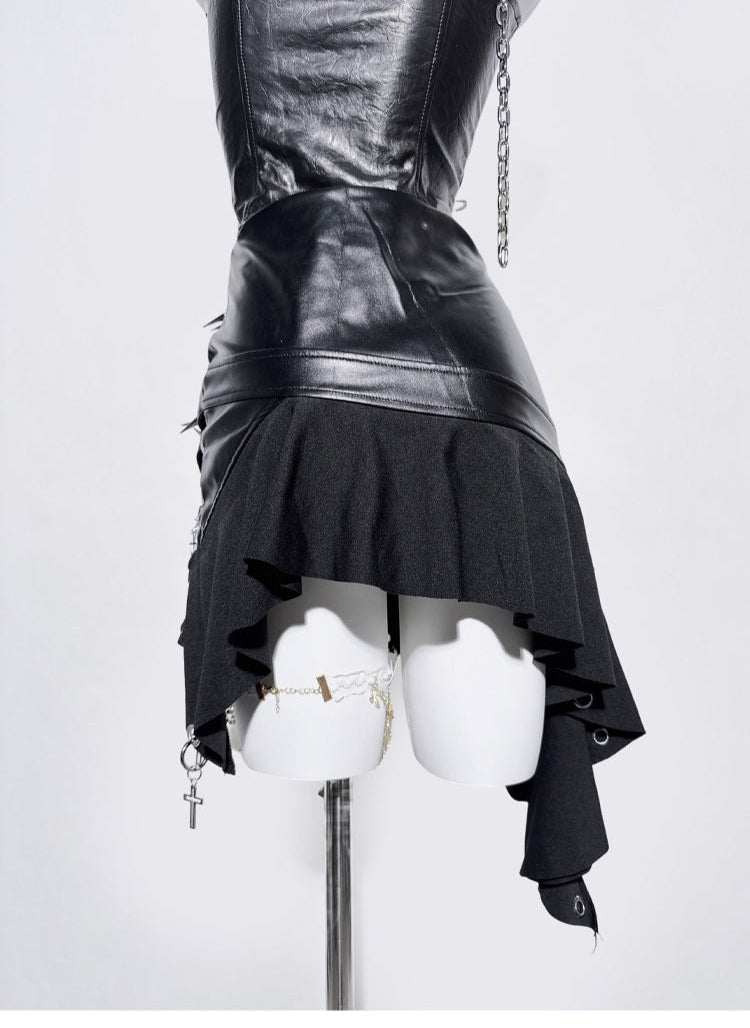 【25s Mar.】Punk Asymmetric Splicing PU Leather Skirt