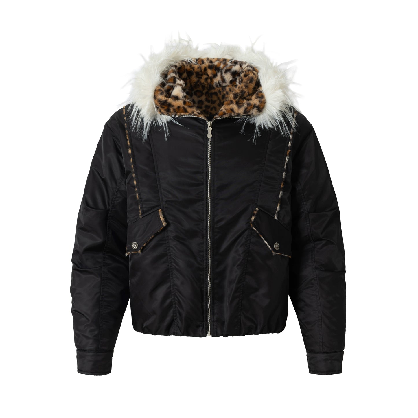 【25s Dec.】Leopard Print Patchwork Long Fur Hooded Jacket