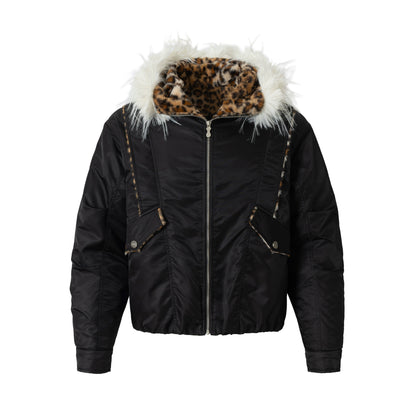 【25s Dec.】Leopard Print Patchwork Long Fur Hooded Jacket