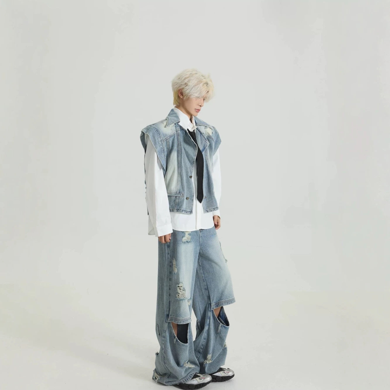 Distressed Denim Vest Wide-Leg Set