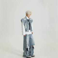 Distressed Denim Vest Wide-Leg Set