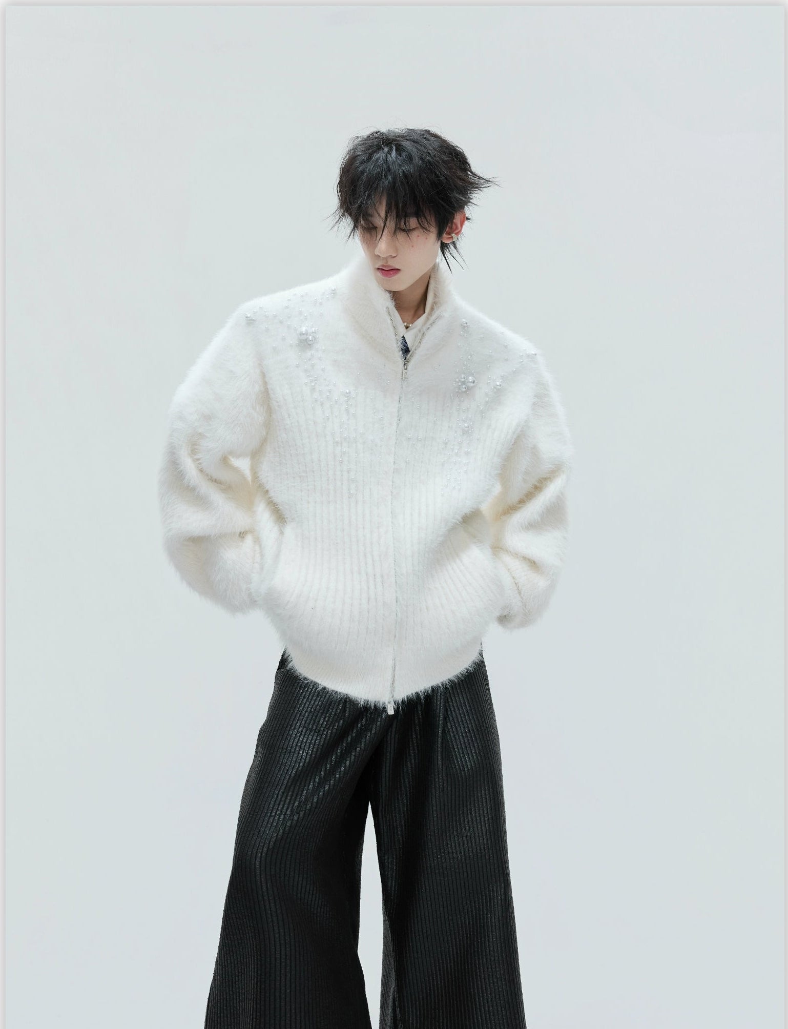 【25s Nov.】High-neck Plush Pearl Embellished Sweater