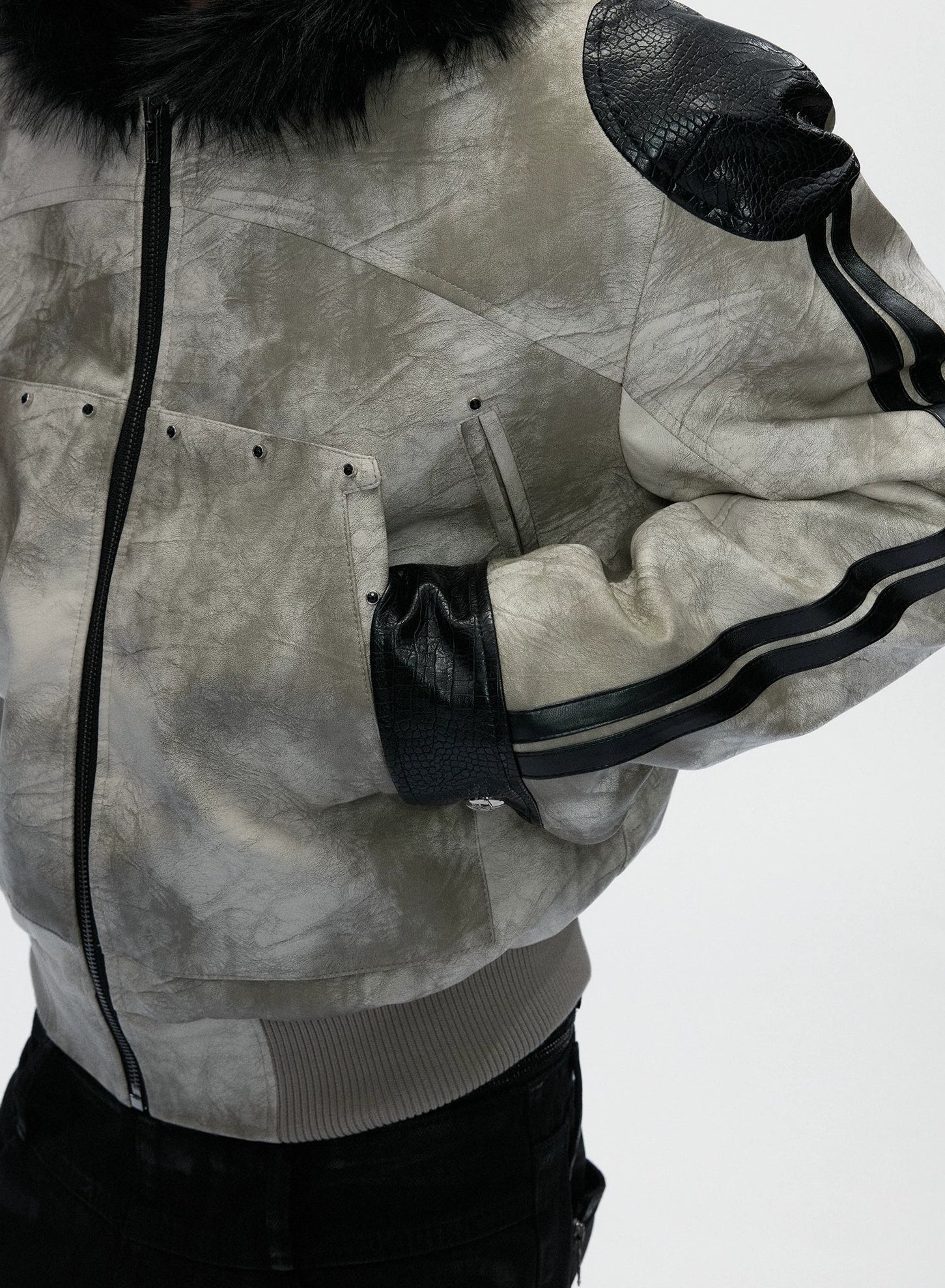 Vintage Snake-Panel Hooded Fur Jacket