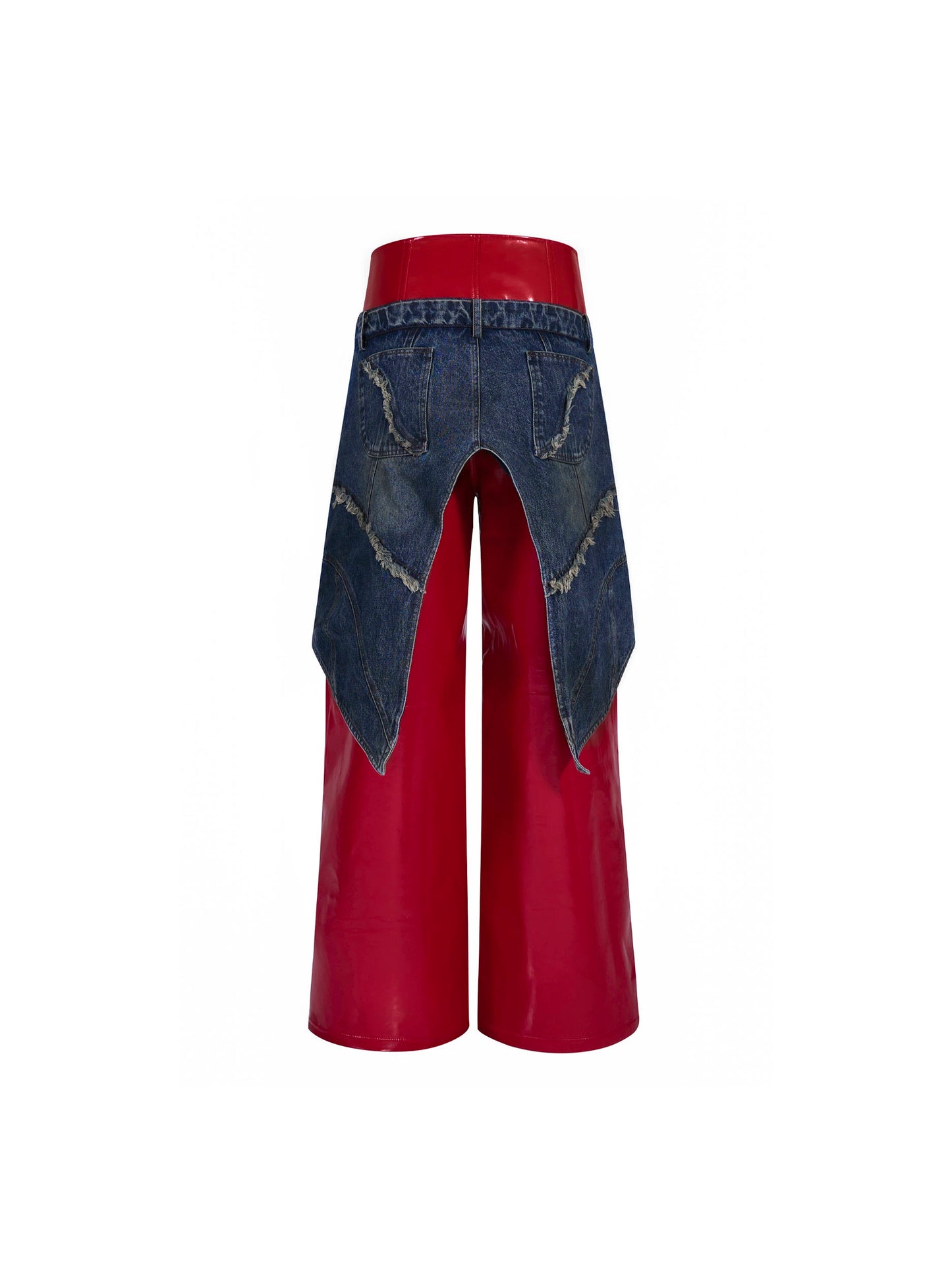 【25s Oct.】Denim Patchwork Red Leather Jacket/Double Waist Leather Pants