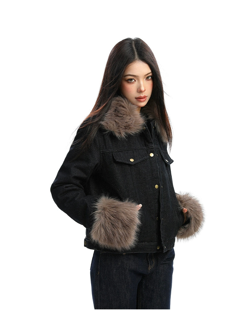 【25s Dec.】Fur-trimmed Denim Cotton Jacket
