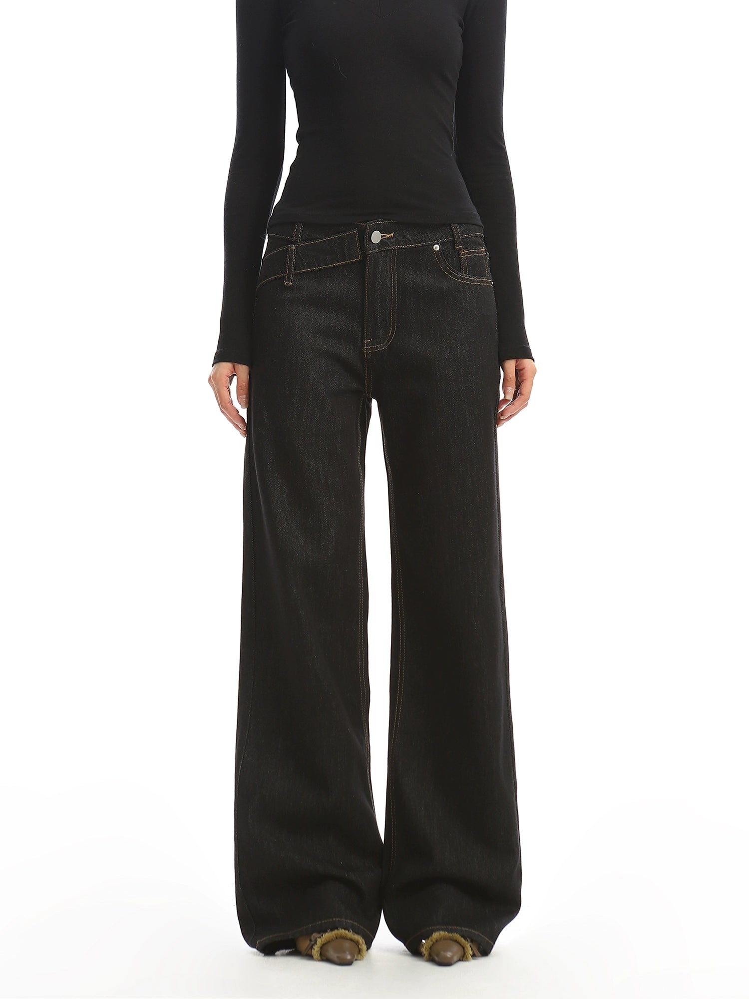 【25s Dec.】Studded Washed Irregular Waistband Jeans