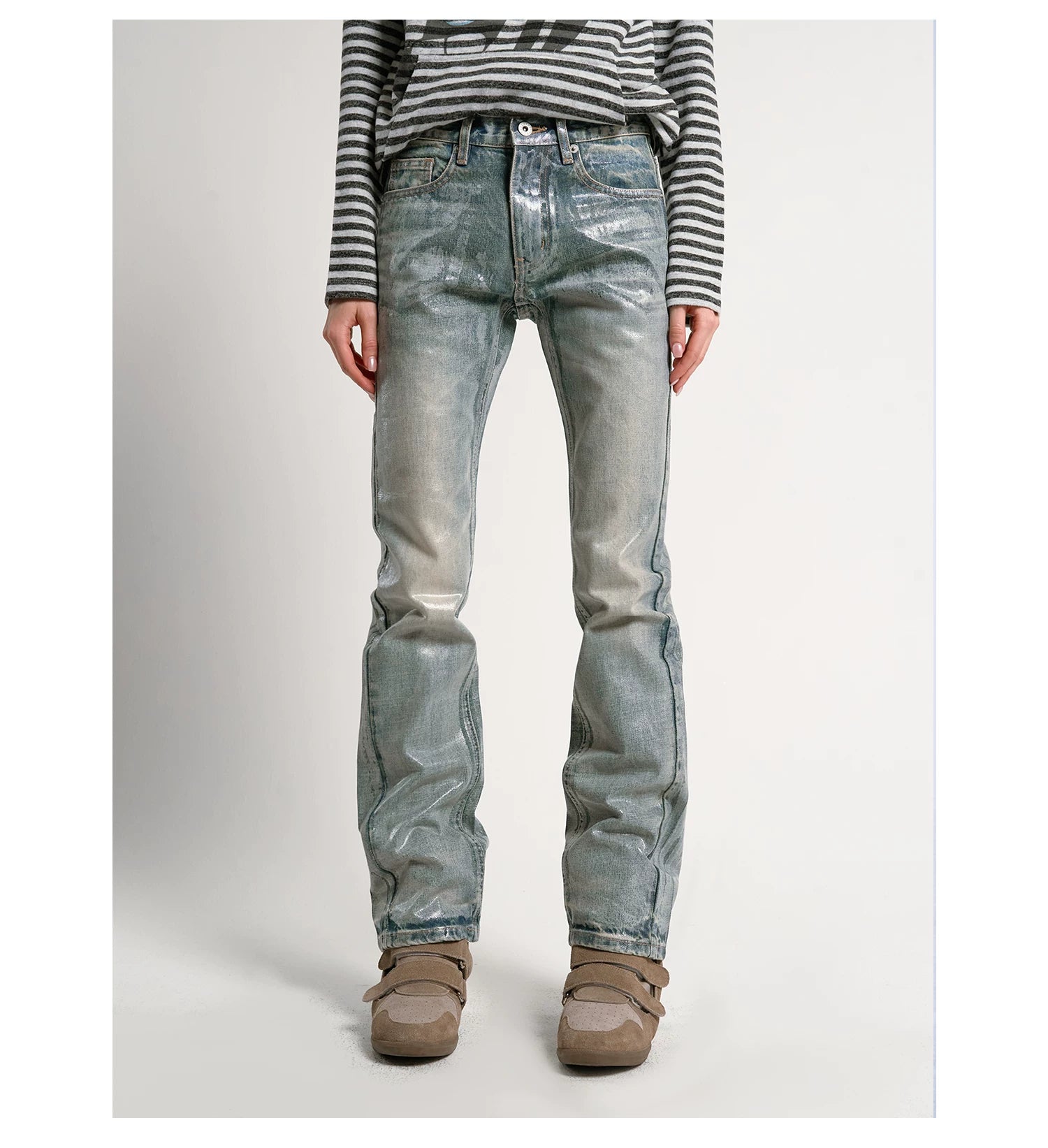 Ice Blue Crack Washed Flared Denim Jeans