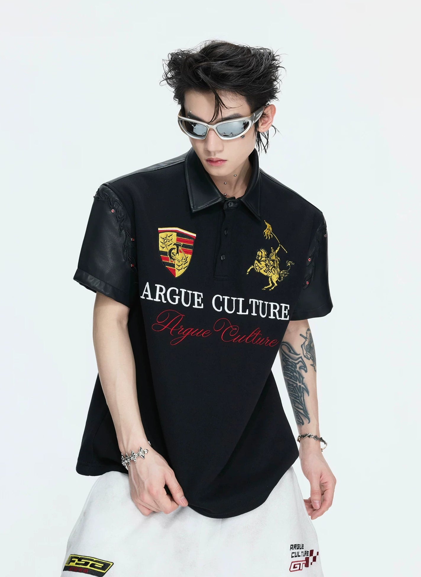 Leather Panel Studded Polo Tee