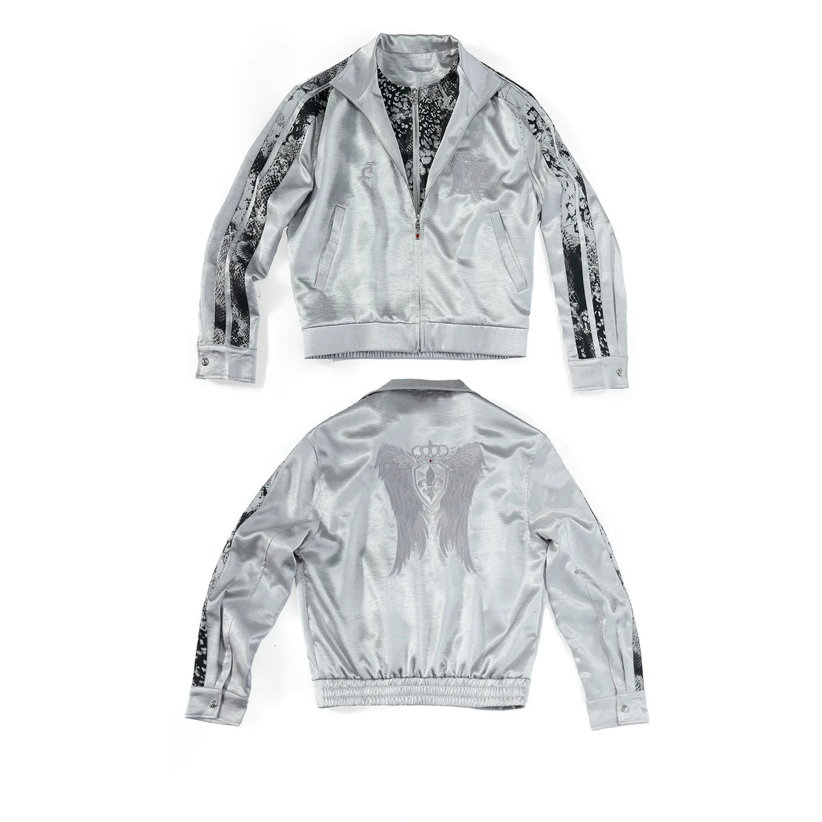 Broken Wing Satin Snake-Patterned Layered Stand Collar Jacket