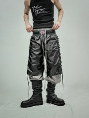 【25s Jul.】Tie-straps Glossy Coating Stitching Honeycomb Mesh Cropped Shorts