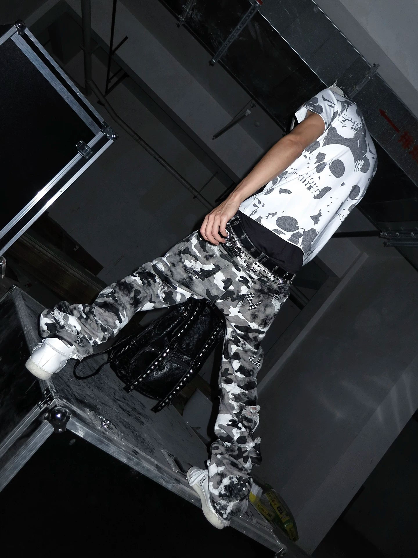 Waxed Camo Curved Flared Pants