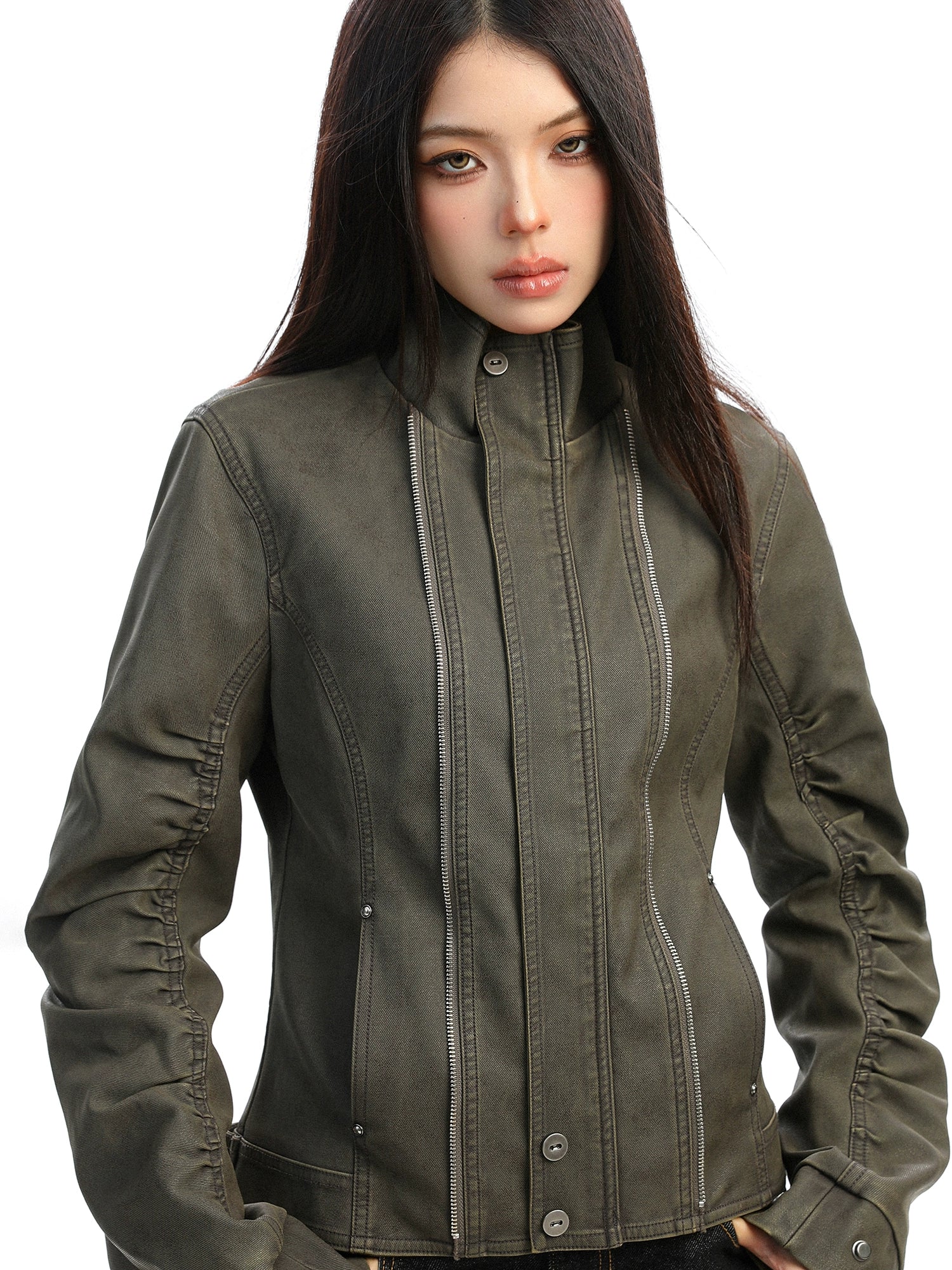 【25s Dec.】Washed Distressed Stand-up Collar Deconstructed Leather Jacket