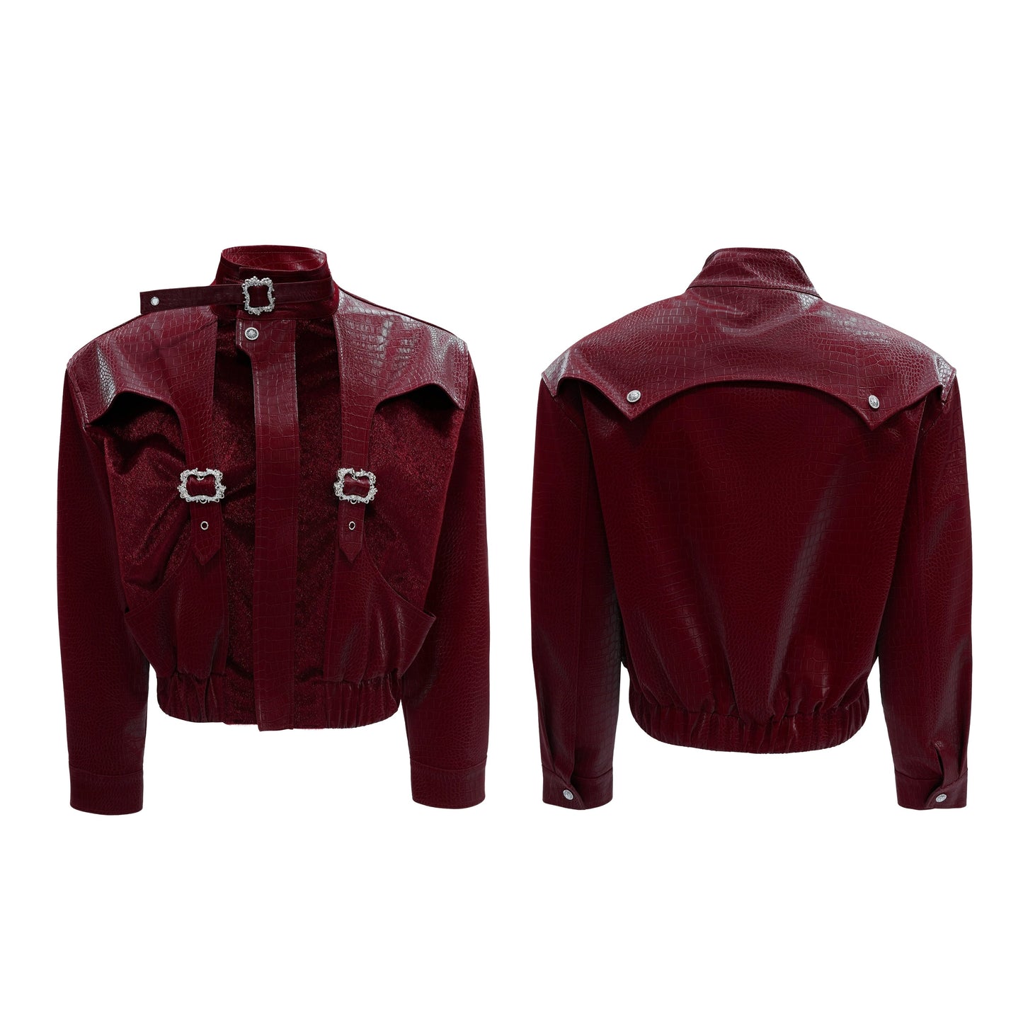 【25s Nov.】Crocodile-print Scale Cropped Leather Jacket