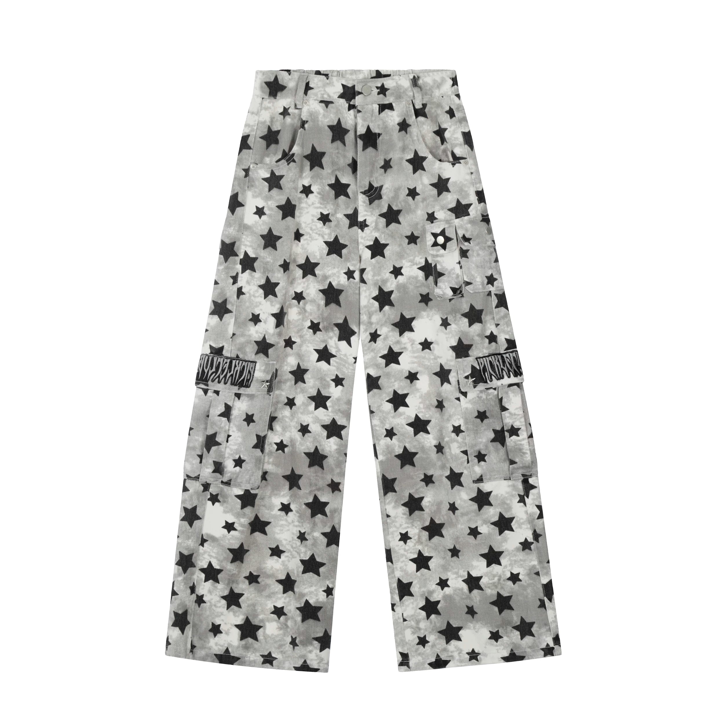 【26s May】Star Patch Distressed Camo Straight Denim Pants