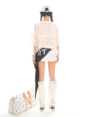 【25s Jun.】Lace Letter Beaded V-Neck Loose-Fit Mesh Jersey