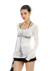 【26s Feb.】Lace Patchwork Cross Cut-Out Long-Sleeve Slim Fit Top