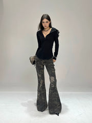 【25s Aug.】Heavy Duty Camouflage Distressed Low Waist Bootcut Jeans