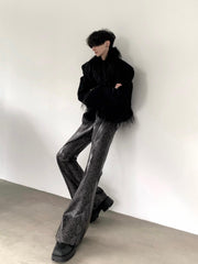 【25s Apr.】Retro High Waist Snakeskin Pattern Flared Leather Pants
