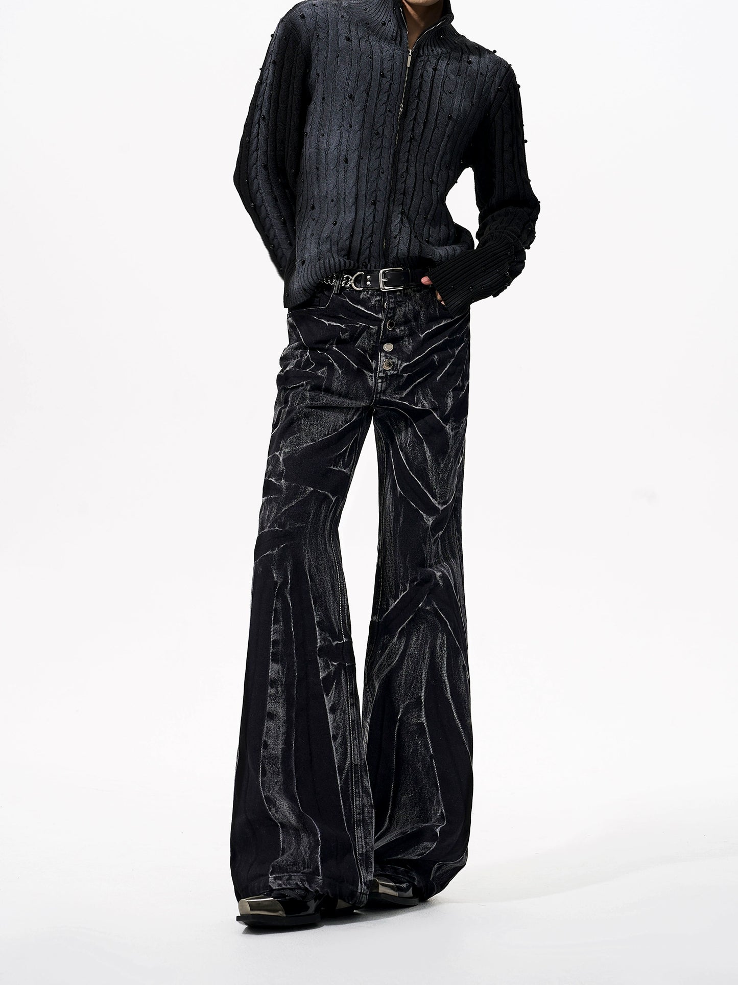 【25s Oct.】Water Ripple Dark Style Distressed Jeans