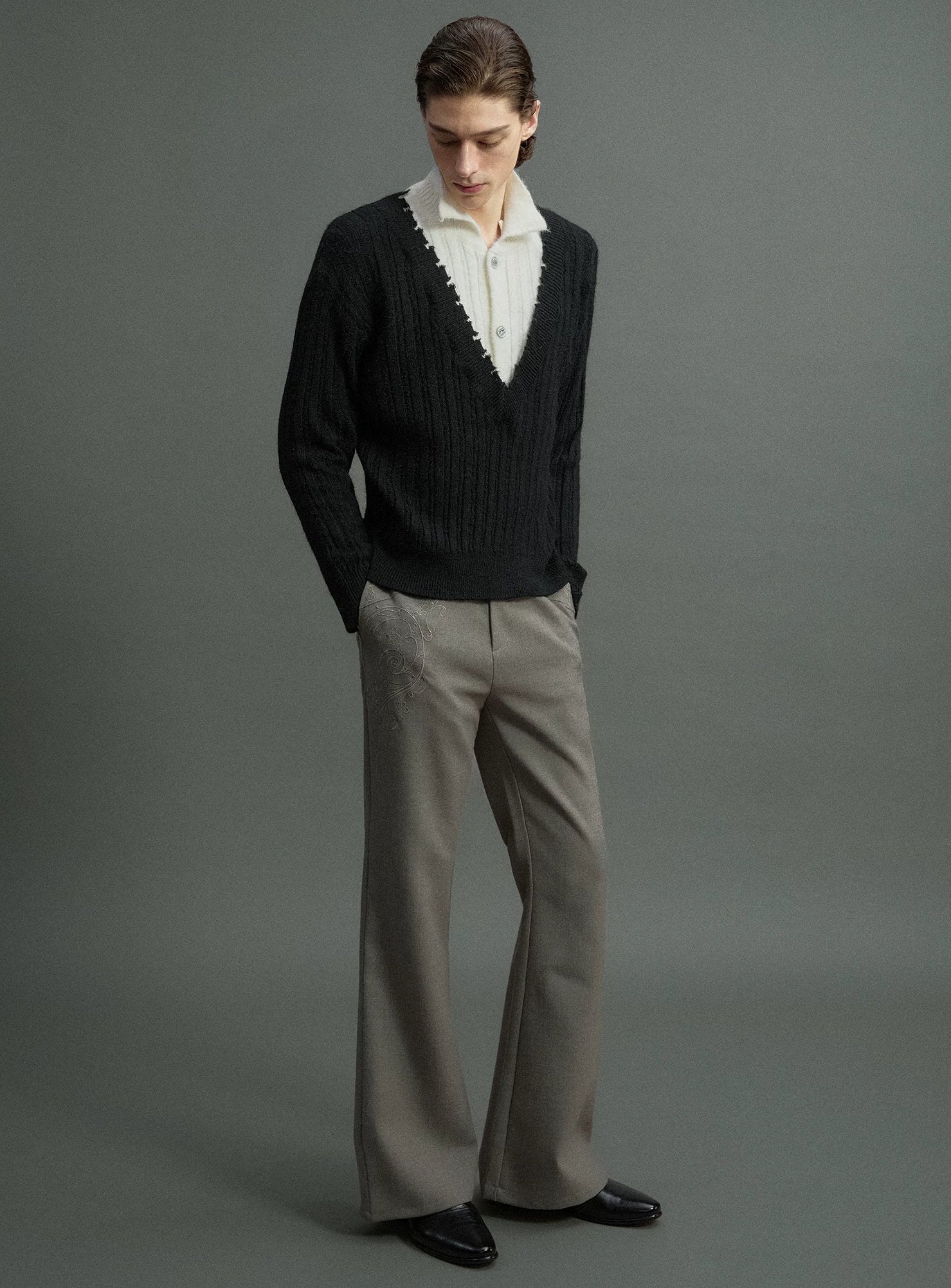 Double Collar Contrast Ribbed Wool Sweater