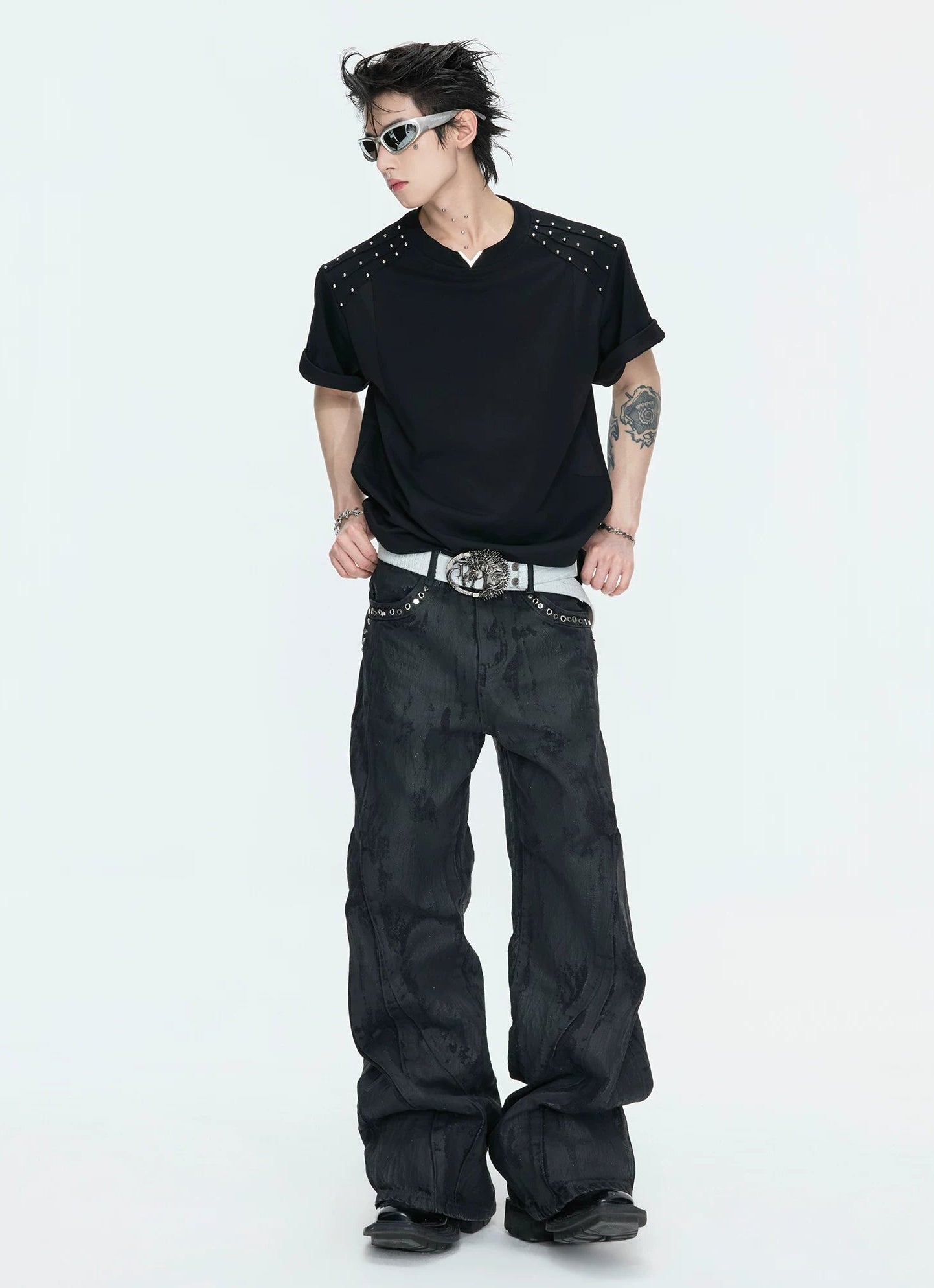 【26s May】Pleated Studded Boxy V-Neck Mesh Lined Tee