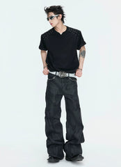 【26s May】Pleated Studded Boxy V-Neck Mesh Lined Tee