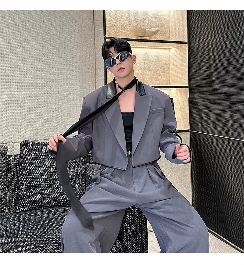 【26s Apr.】Color-Block Faux Leather Blazer & Wide-Leg Pants Set