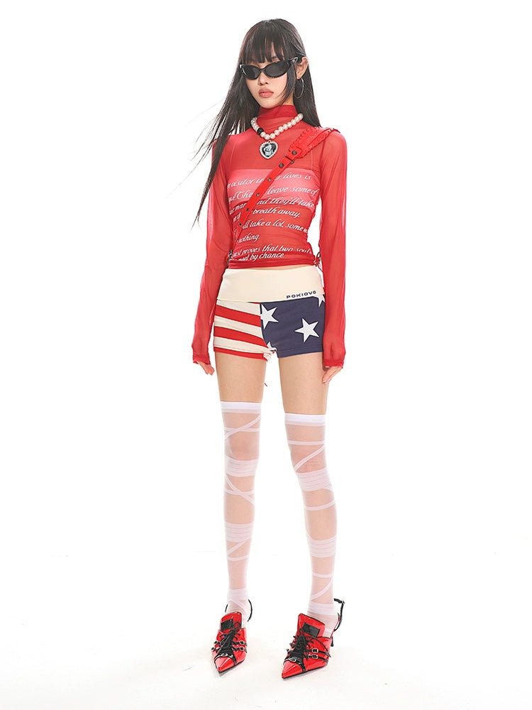 【25s Jul.】See-through Mesh Letter Print Long Sleeve Top