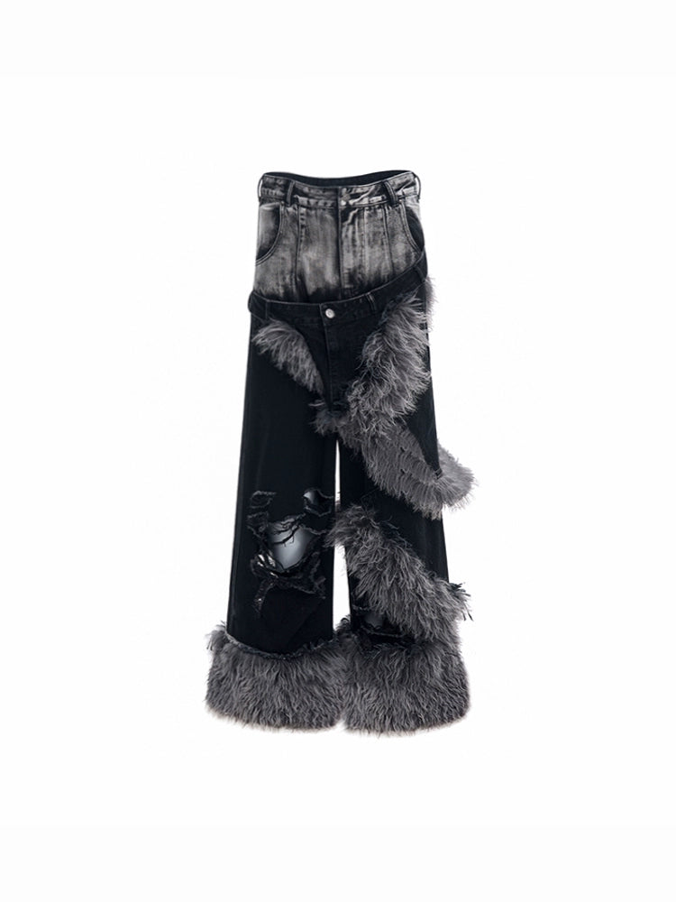 【25s Jan.】Double Waist Fur Patchwork Ripped Floor-length Pants Trendy