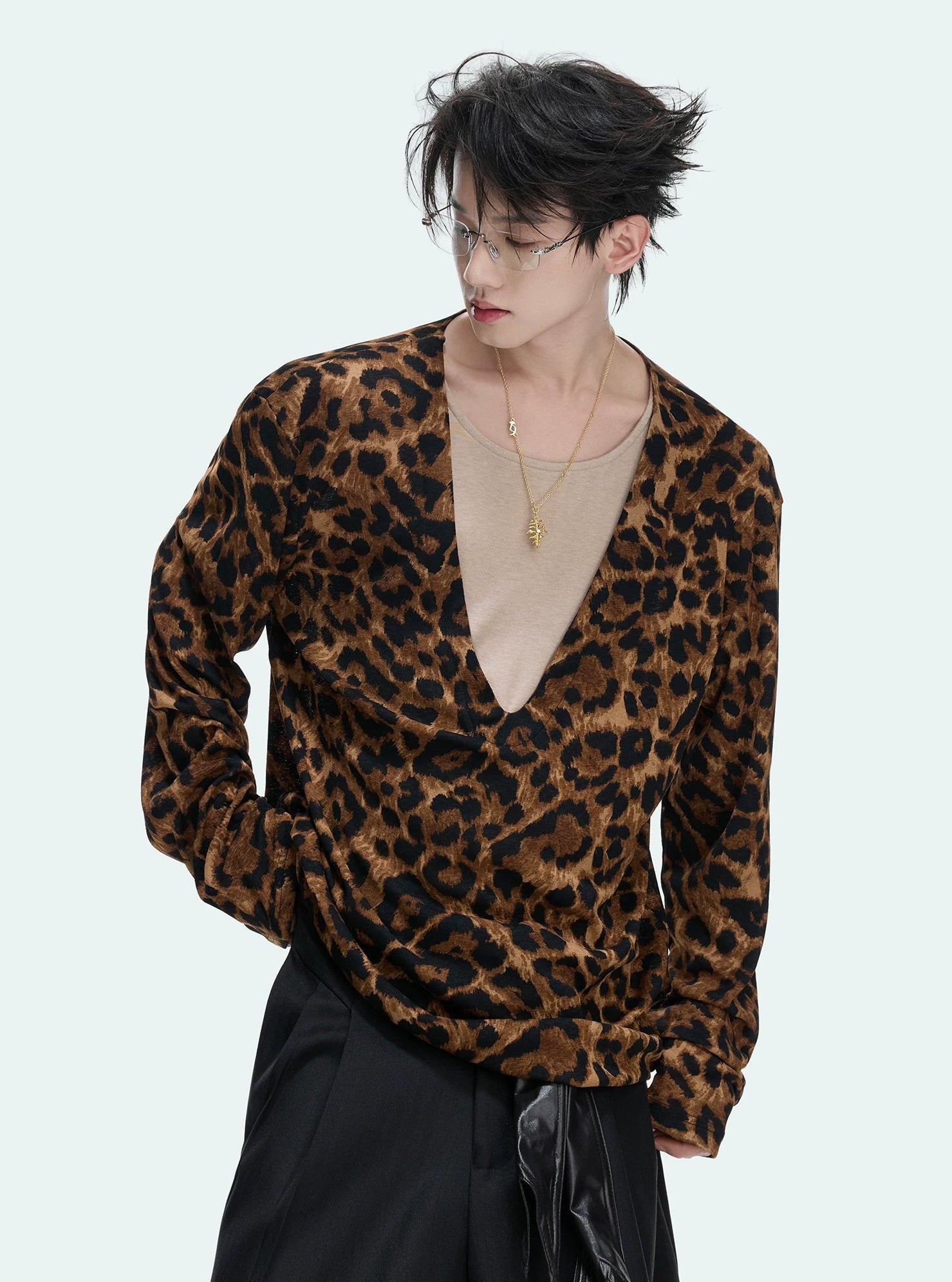 Leopard Texture Layered V-Neck Tee