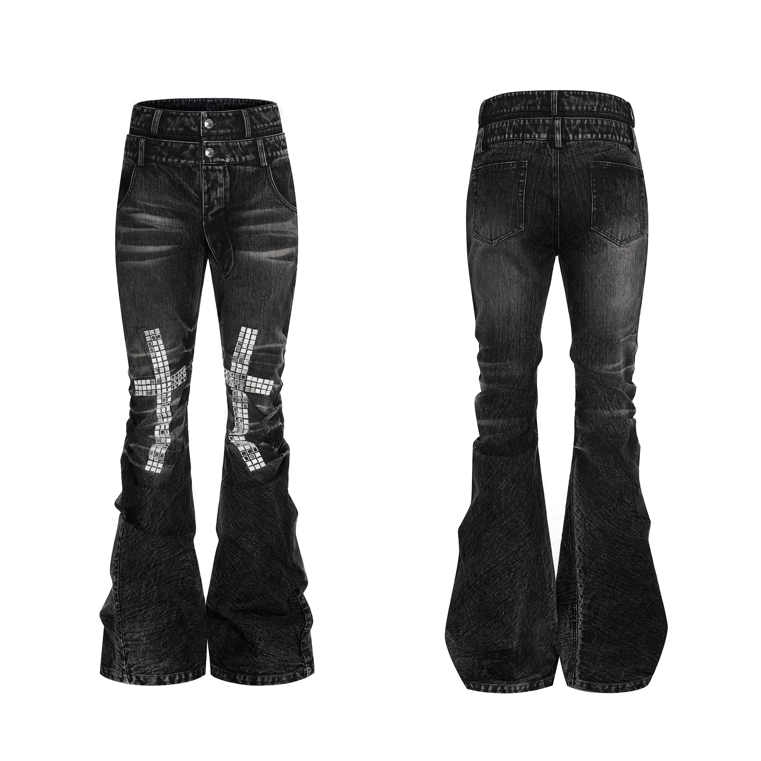 【26s Jan.】Rhinestone Cross Double-waisted Flared Jeans