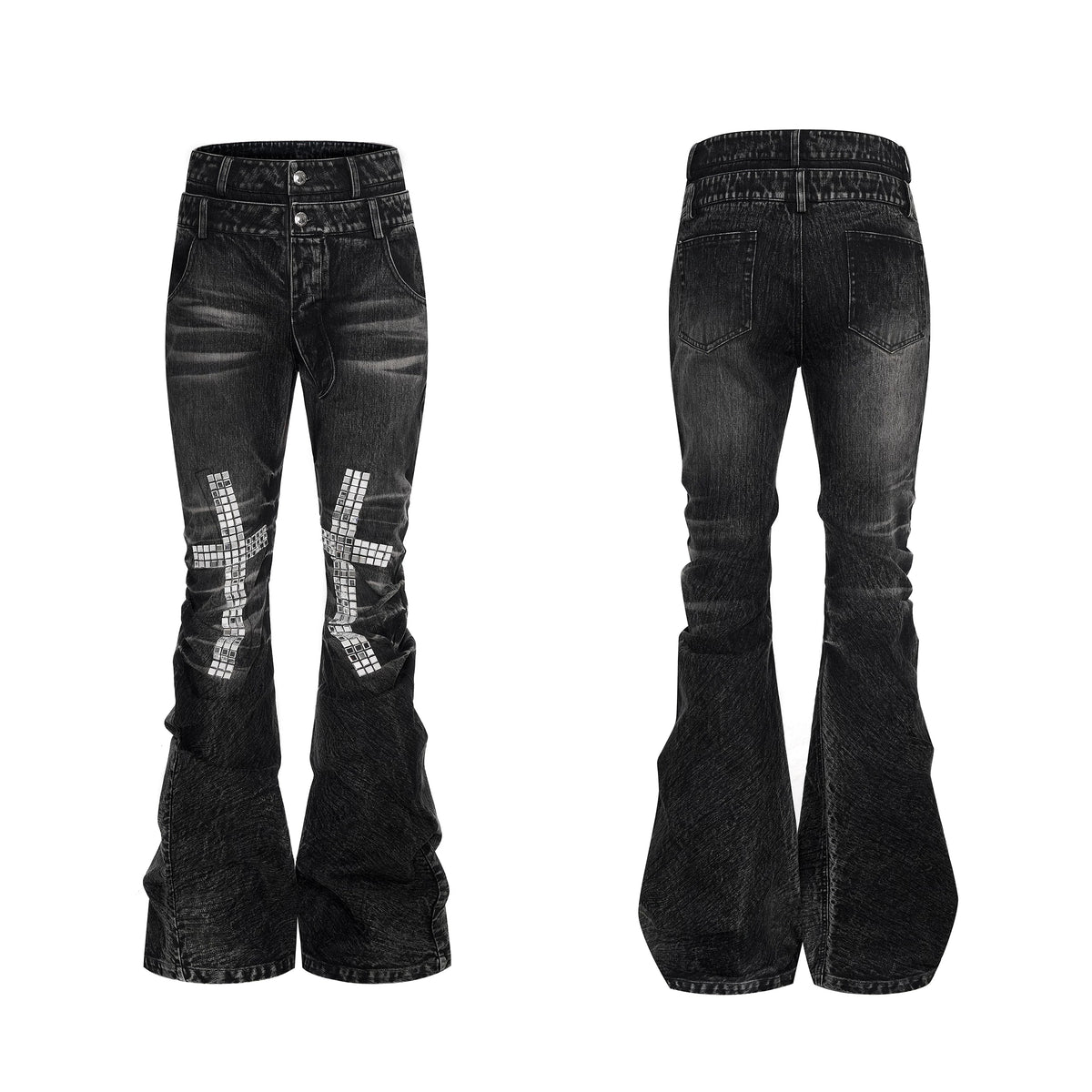 【26s Jan.】Rhinestone Cross Double-waisted Flared Jeans