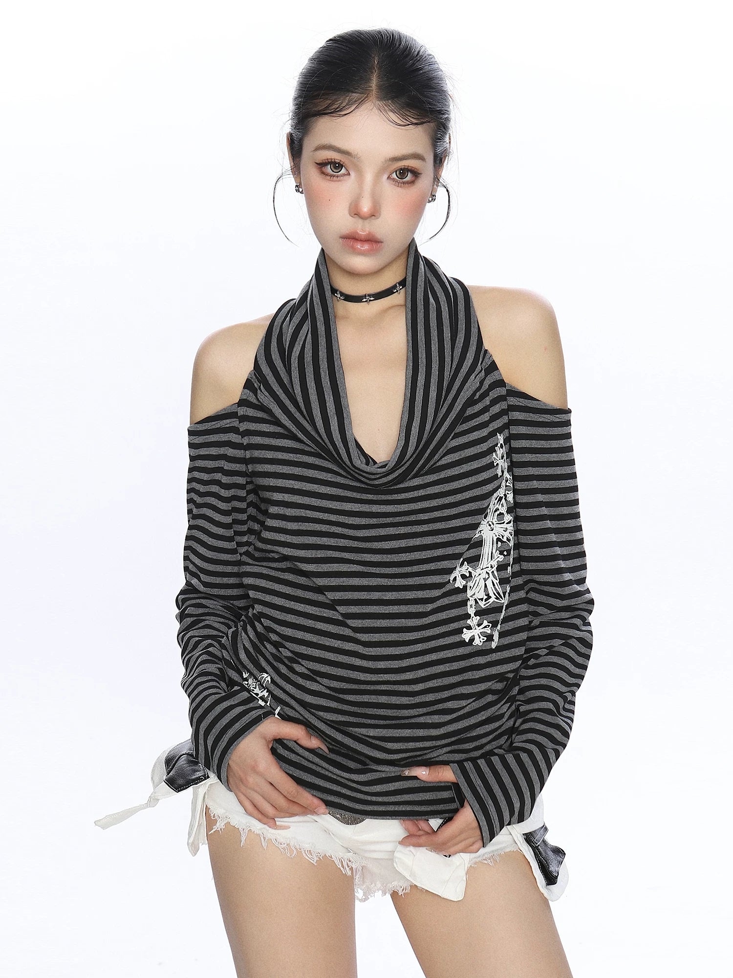 【26s May】Cross Stripe Halter Draped Long Sleeve Top