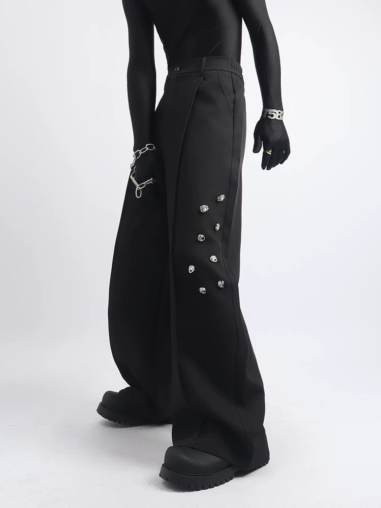 【26s May.】Metal Detail Patchwork Wide-Leg Black Pants