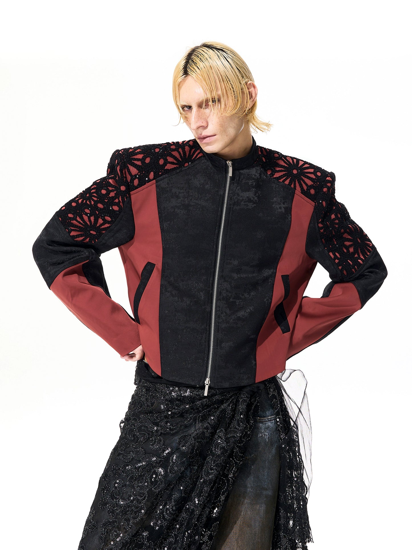 Floral Embroidered Cropped Leather Jacket